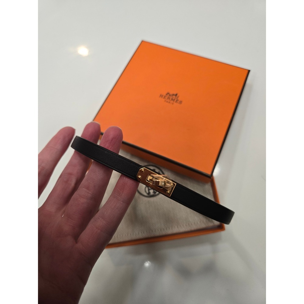 Hermes Mini Kelly Choker Necklace Black Swift Leather Yellow Gold Hardware